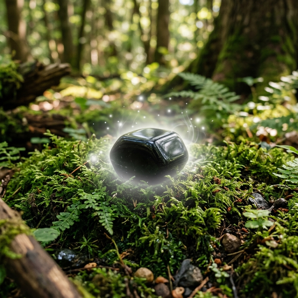 Deep black tourmaline gemstone sitting on green moss emitting a protective white aura for health and wellness